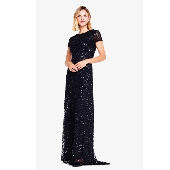 NEW Adrianna Papell Scoop Back Sequin Gown In Black sz 2P - Picture 2 of 13